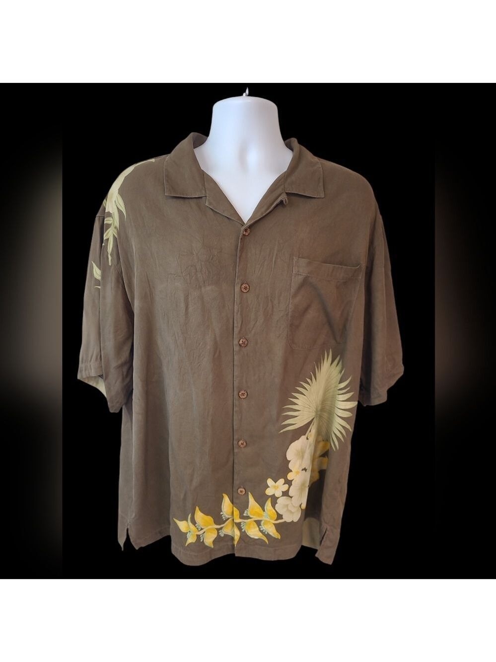 Tommy Bahama Olive Green Floral Men's Button Down Shirt Size XL